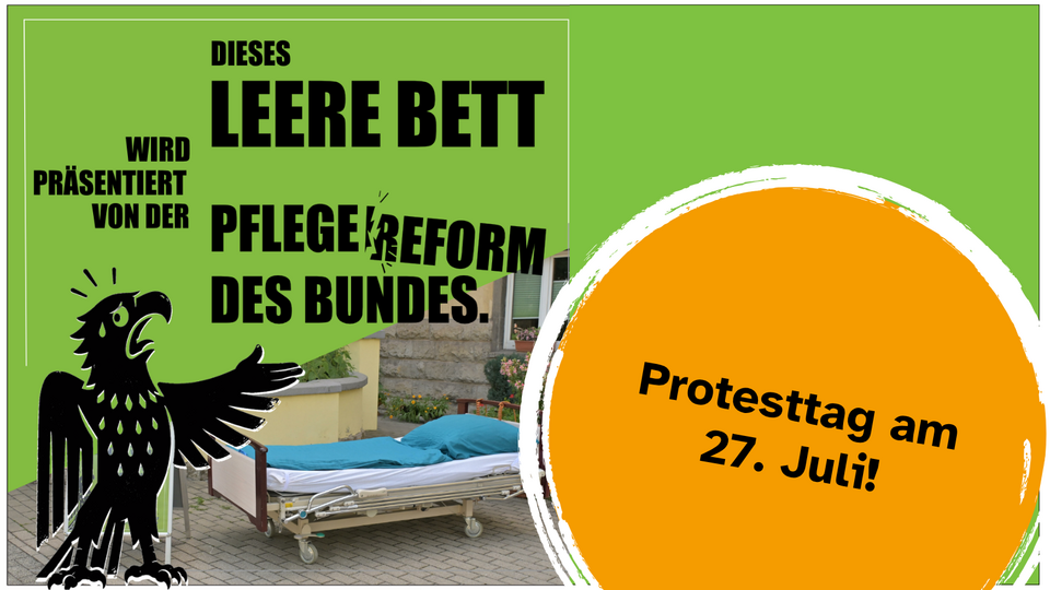 Plakat: Leeres Pflegebett, Protesttag