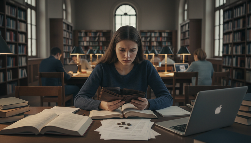 Studentin lernt konzentriert in einer Bibliothek mit Büchern und Laptop.