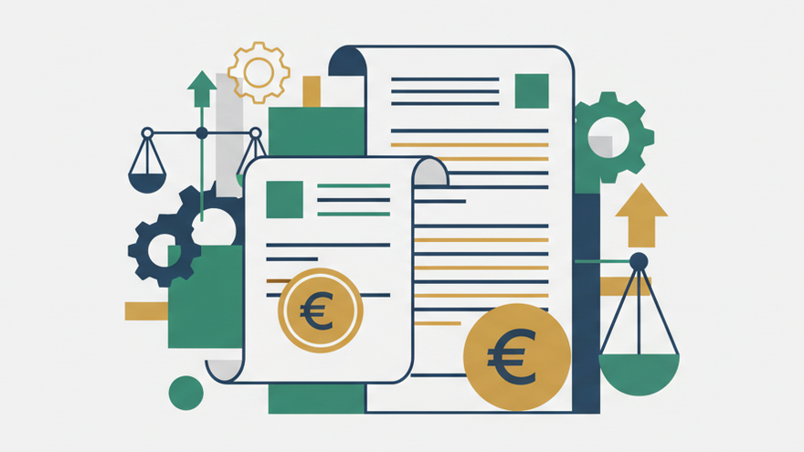 Illustration zu Finanzen und Recht: Dokumente, Euro-Münzen und Waagen