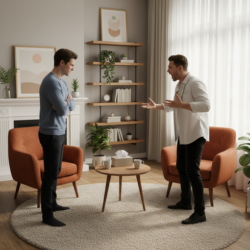 Zwei Männer streiten im Wohnzimmer
