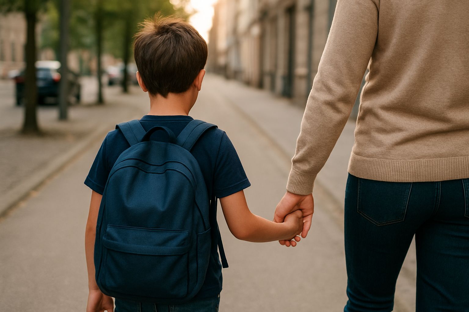 Ein Kind läuft an der Hand einer erwachsenen Person